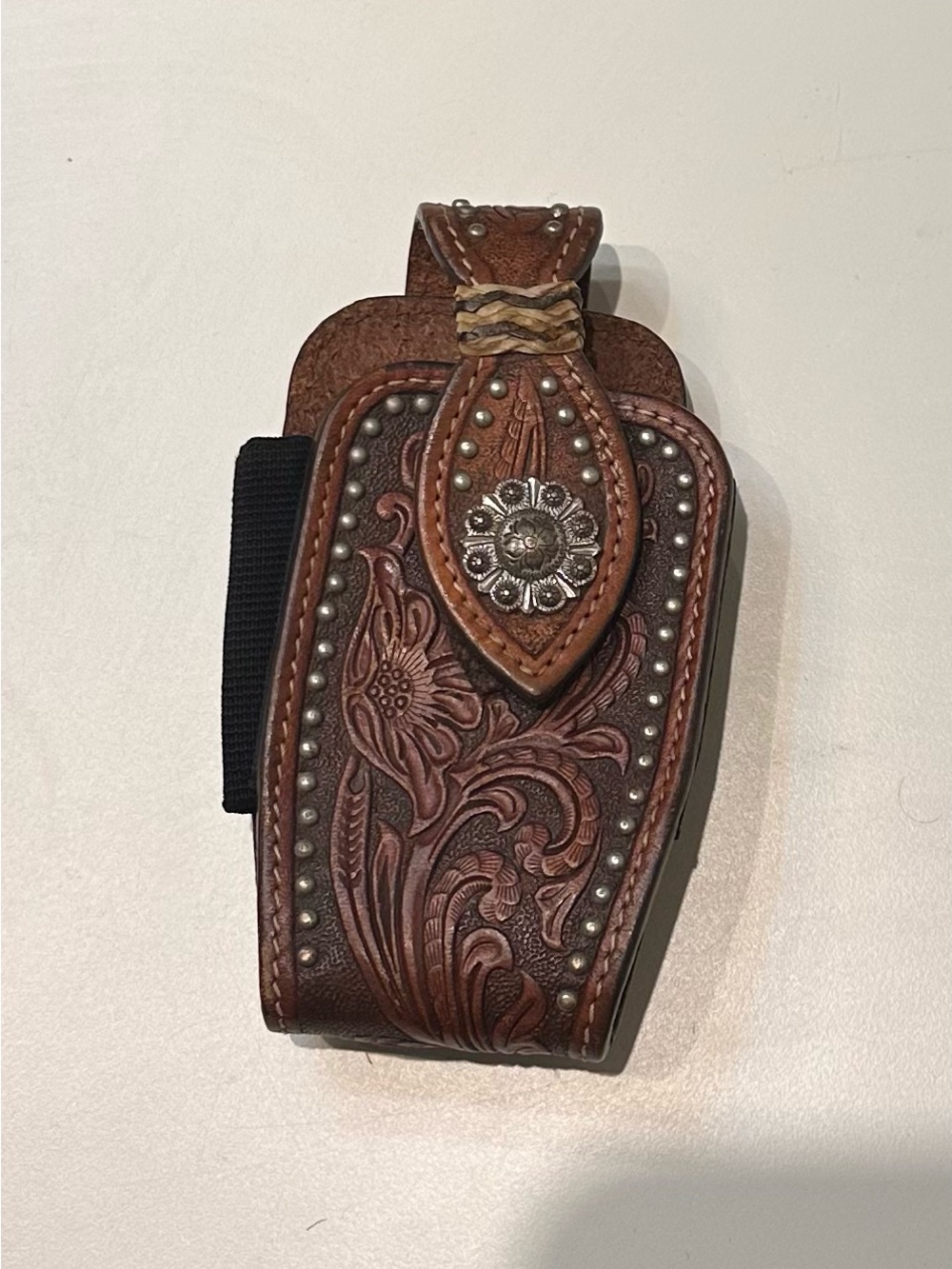 Tooled Brown Leather Western Belt Holster with Floral Design